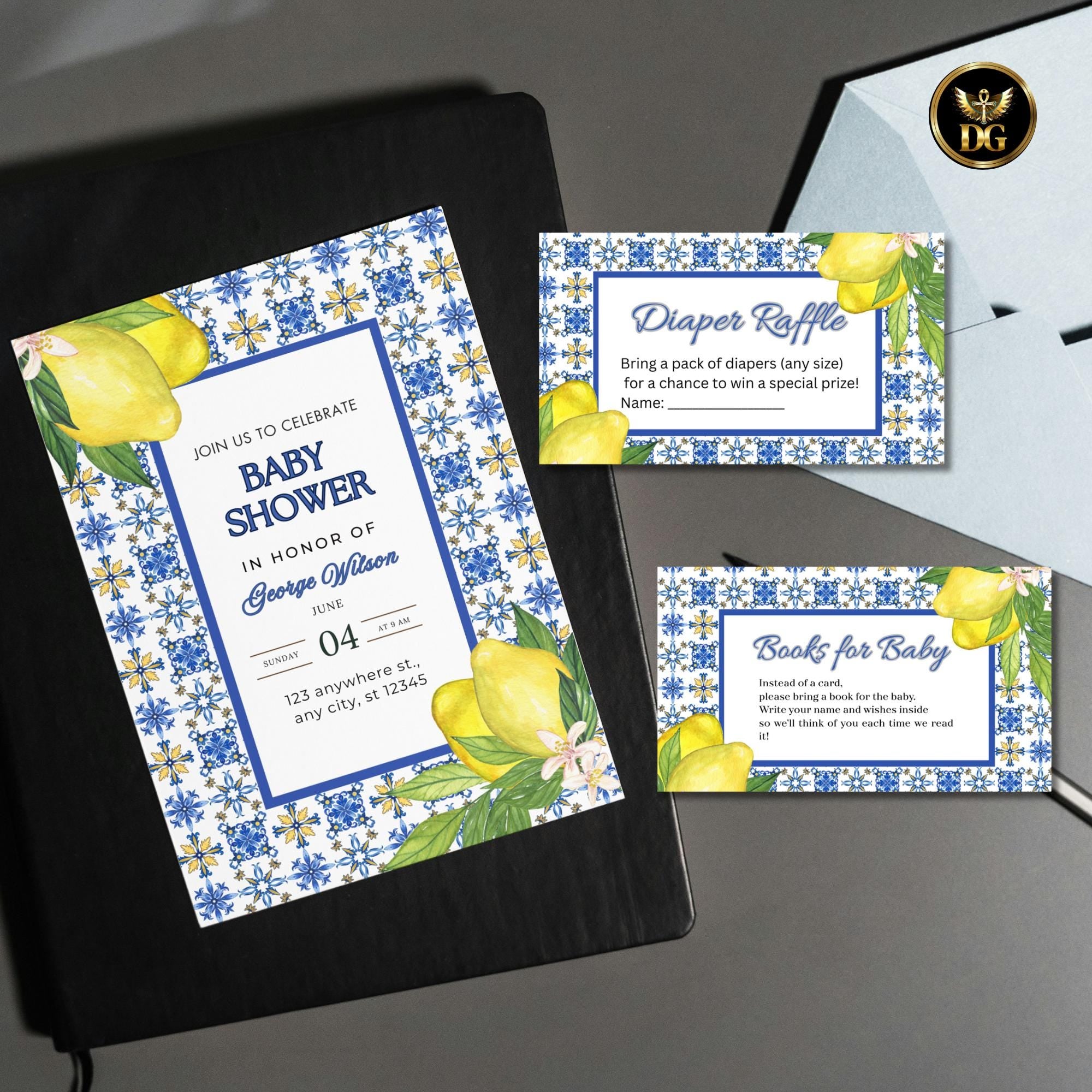 Blue Lemon Baby Shower Invitation Set | Citrus Baby Shower Diaper Raffle & Book Card | Printable Summer Invite