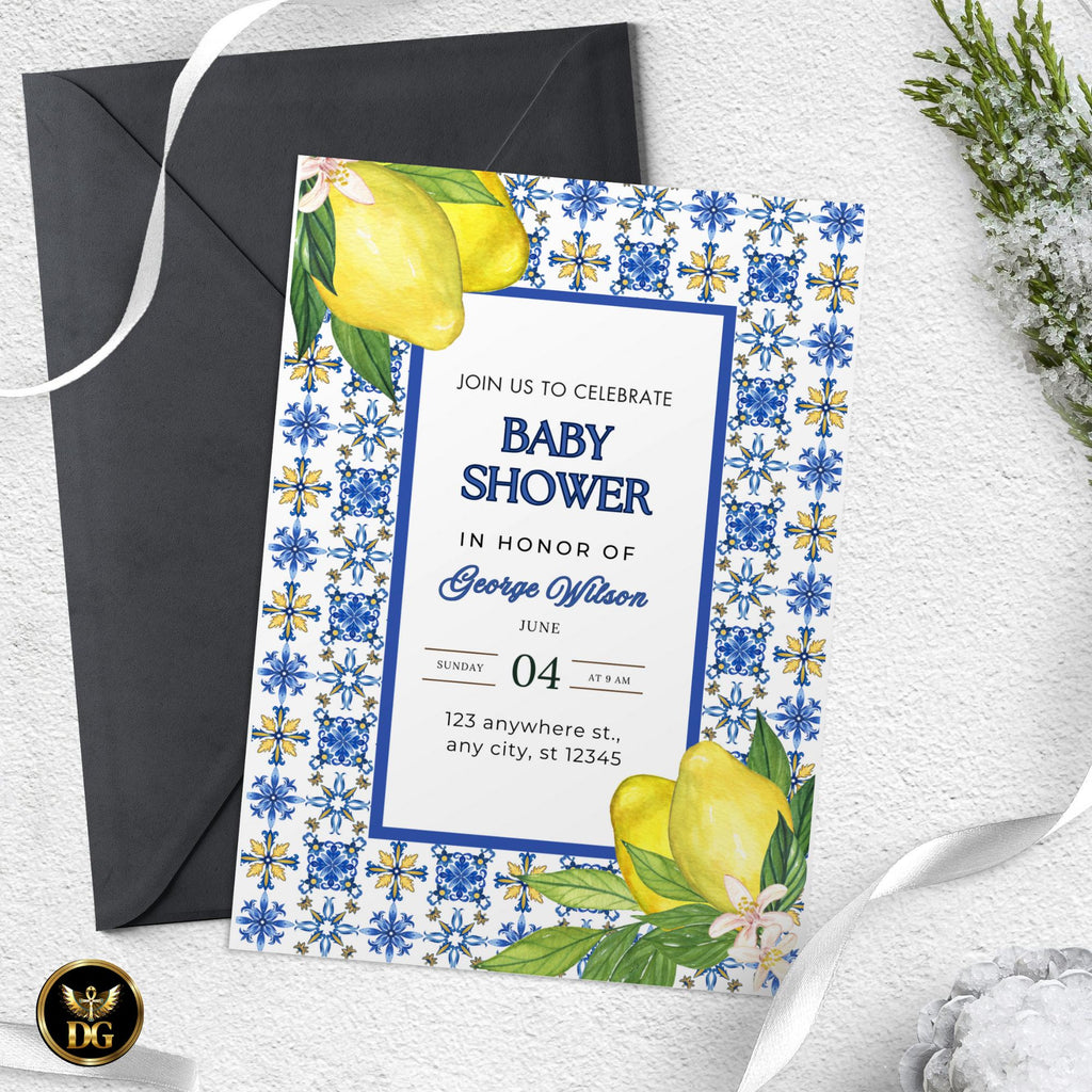 Blue Lemon Baby Shower Invitation Set | Citrus Baby Shower Diaper Raffle & Book Card | Printable Summer Invite