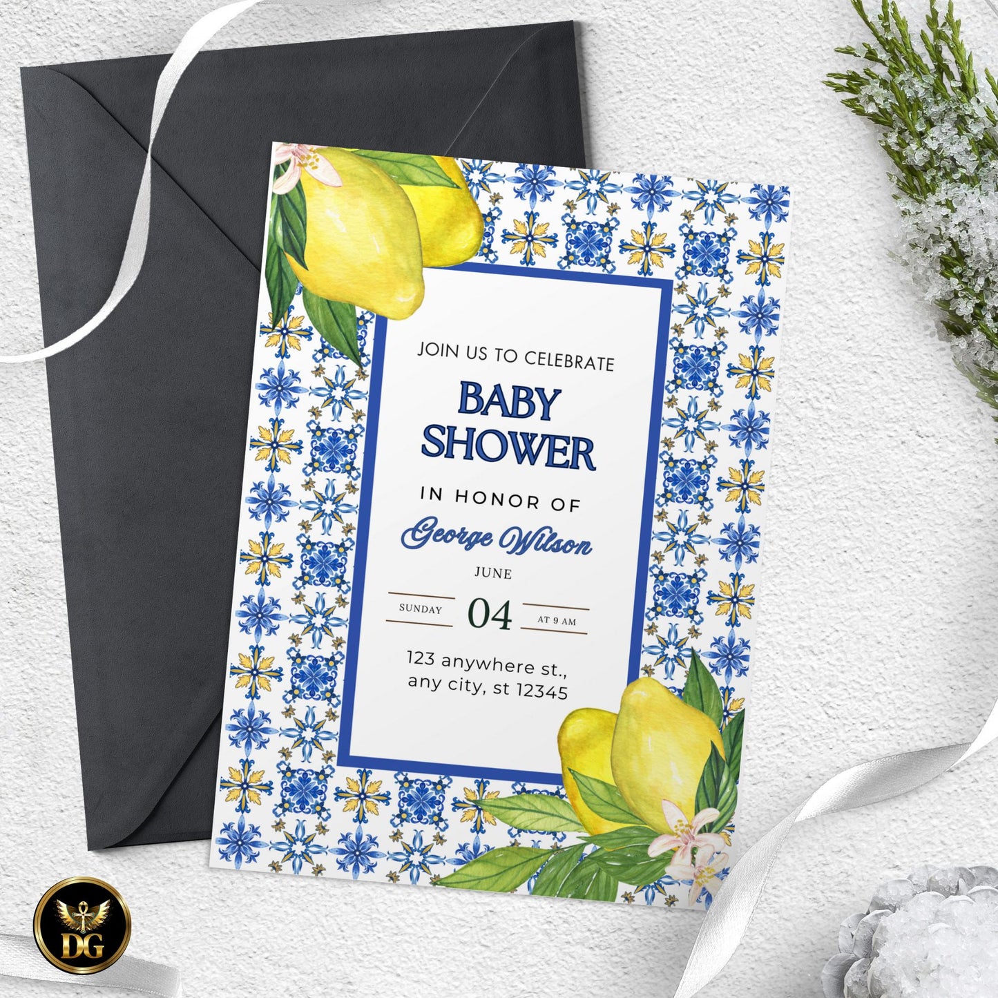 Blue Lemon Baby Shower Invitation Set | Citrus Baby Shower Diaper Raffle & Book Card | Printable Summer Invite