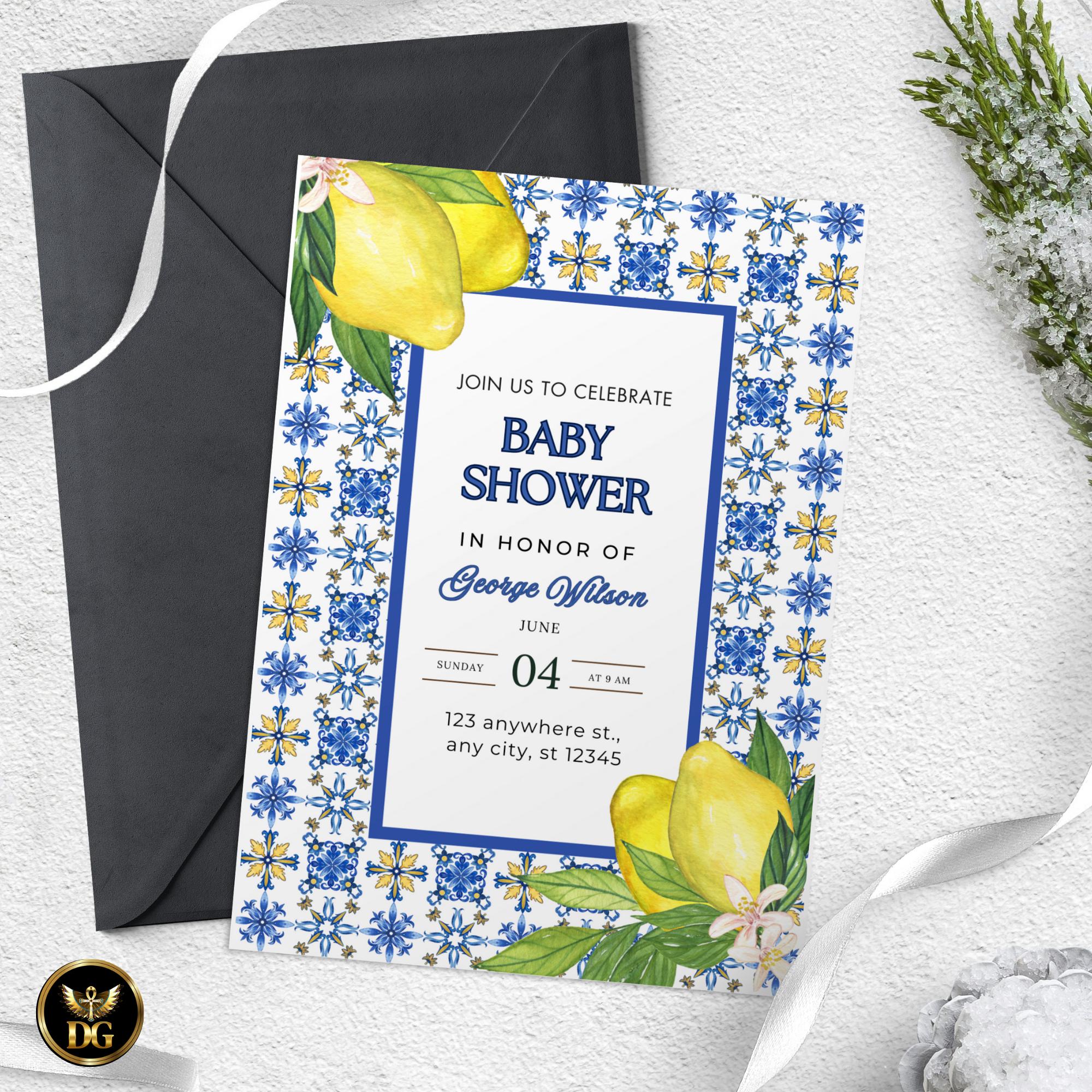 Blue Lemon Baby Shower Invitation Set | Citrus Baby Shower Diaper Raffle & Book Card | Printable Summer Invite