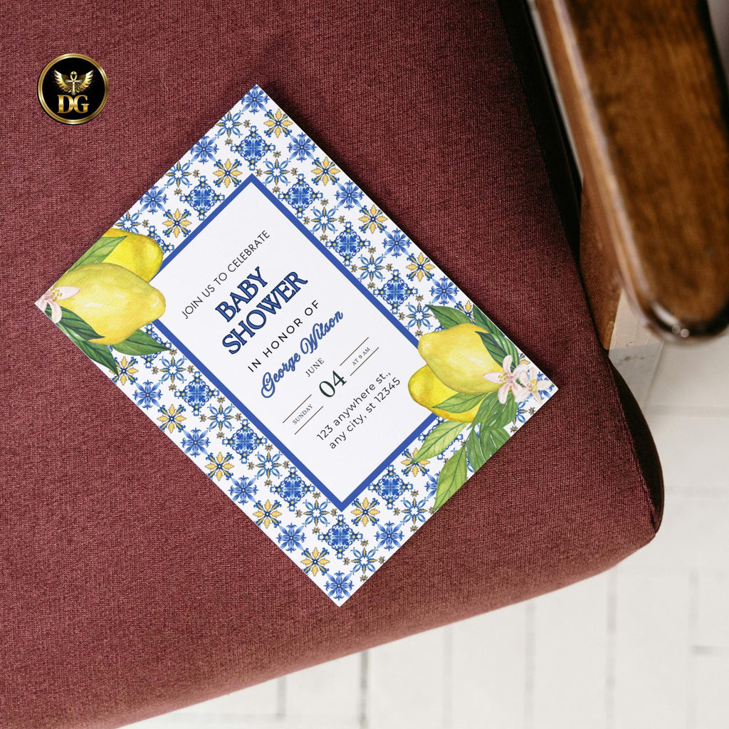 Blue Lemon Baby Shower Invitation Set | Citrus Baby Shower Diaper Raffle & Book Card | Printable Summer Invite