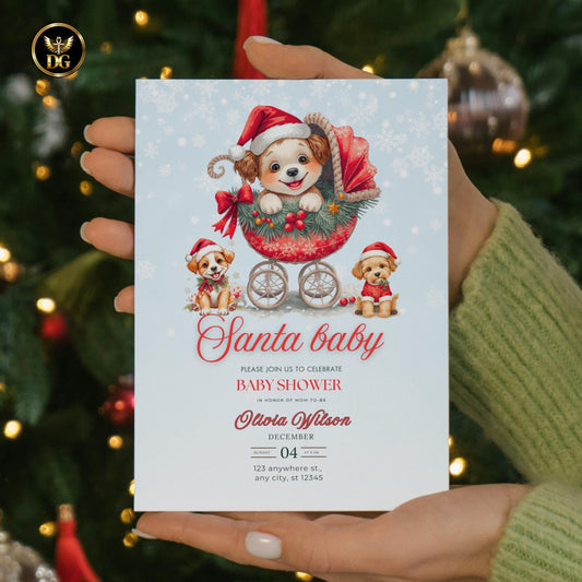 Christmas Puppy Baby Shower Bundle | Cute Dog in Santa Stroller | Editable Winter Baby Invite Set | Boho Festive Watercolor Templates