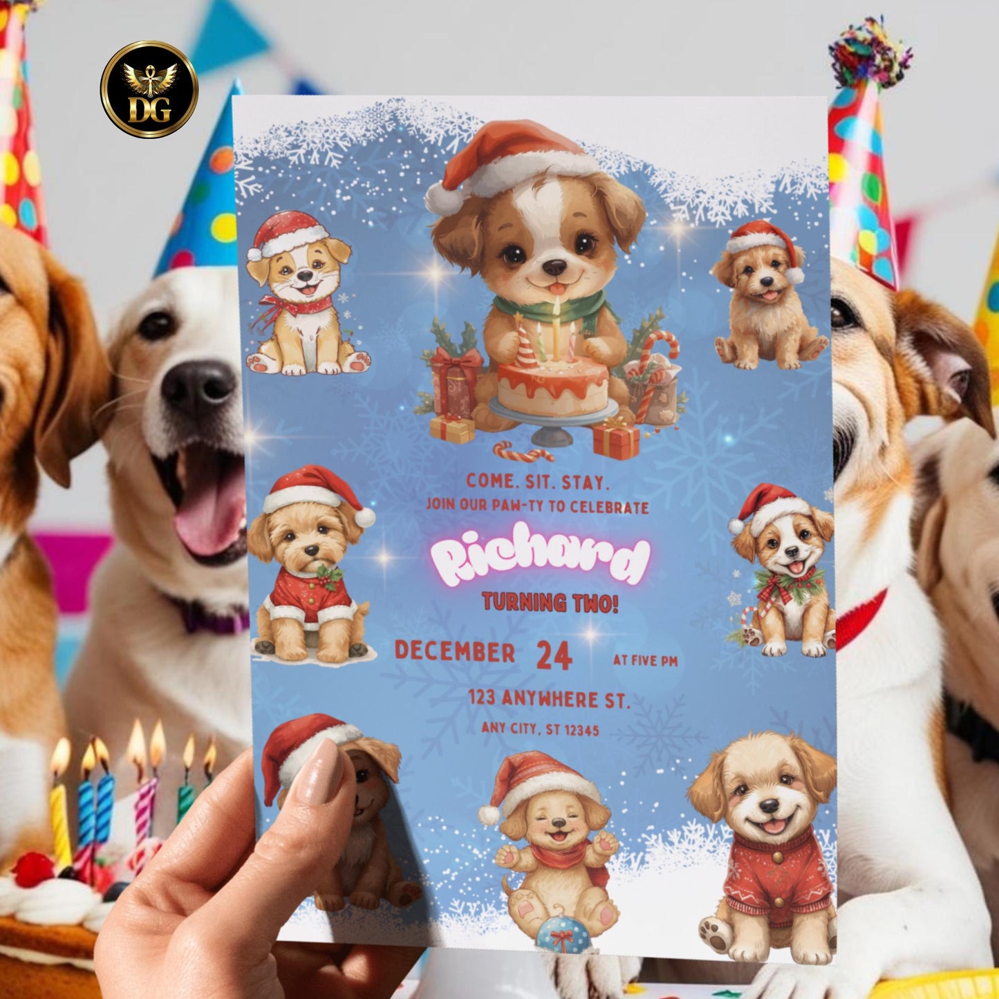 Christmas Dog Birthday party Template, Cute Puppy Cake Candles, Holiday Pet Invitation Winter Snow Blue Background Editable Dog Party Invite