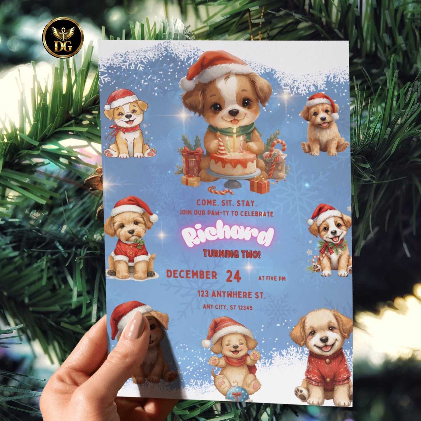 Christmas Dog Birthday party Template, Cute Puppy Cake Candles, Holiday Pet Invitation Winter Snow Blue Background Editable Dog Party Invite