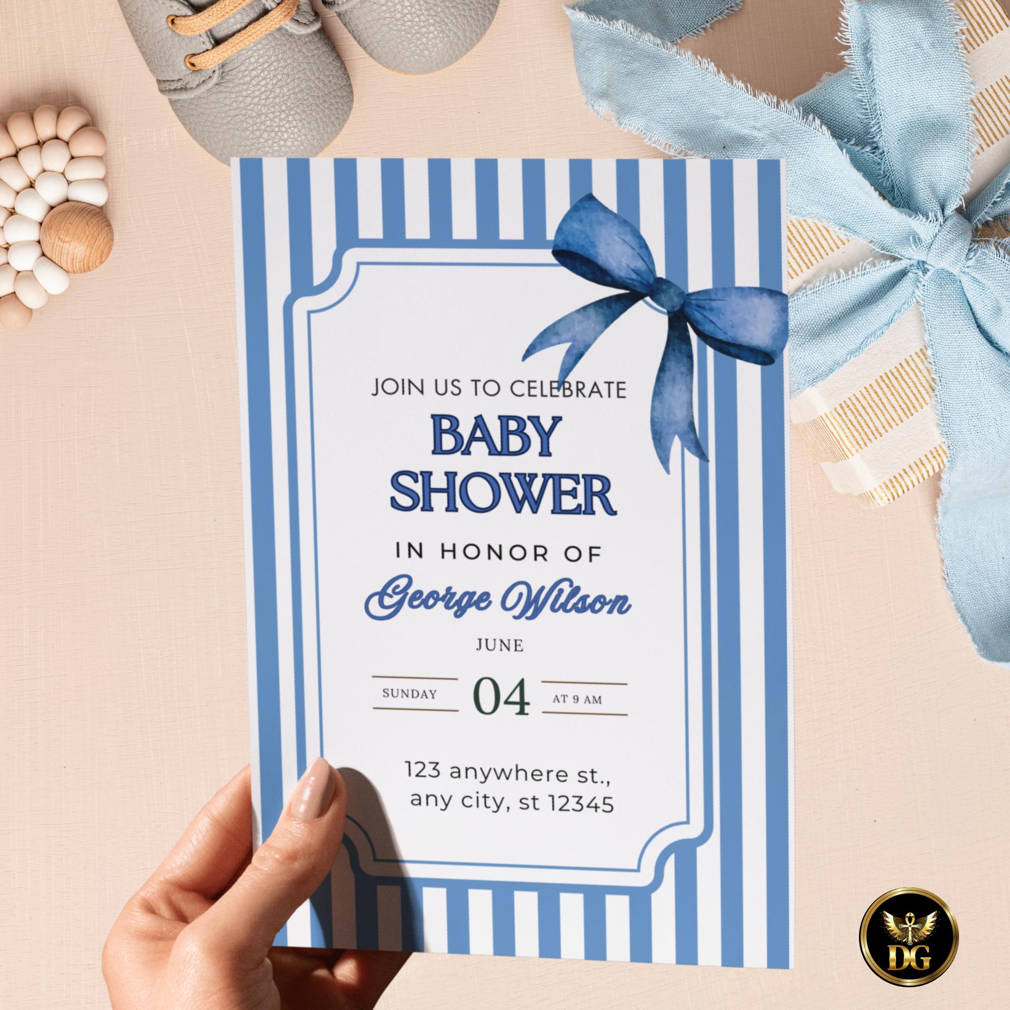 Blue Striped Baby Shower Invitation Set, Editable Canva Template, Boy Shower with Diaper Raffle & Booksfor Baby Card, Instant Download