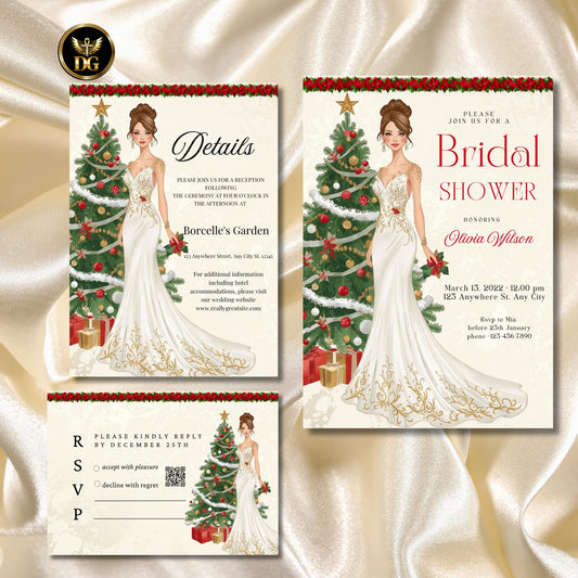 Christmas Bridal Shower Invitation Bundle Cream Gold | Elegant Holiday Wedding Shower | Winter Bride Canva Template | Xmas RSVP, Details
