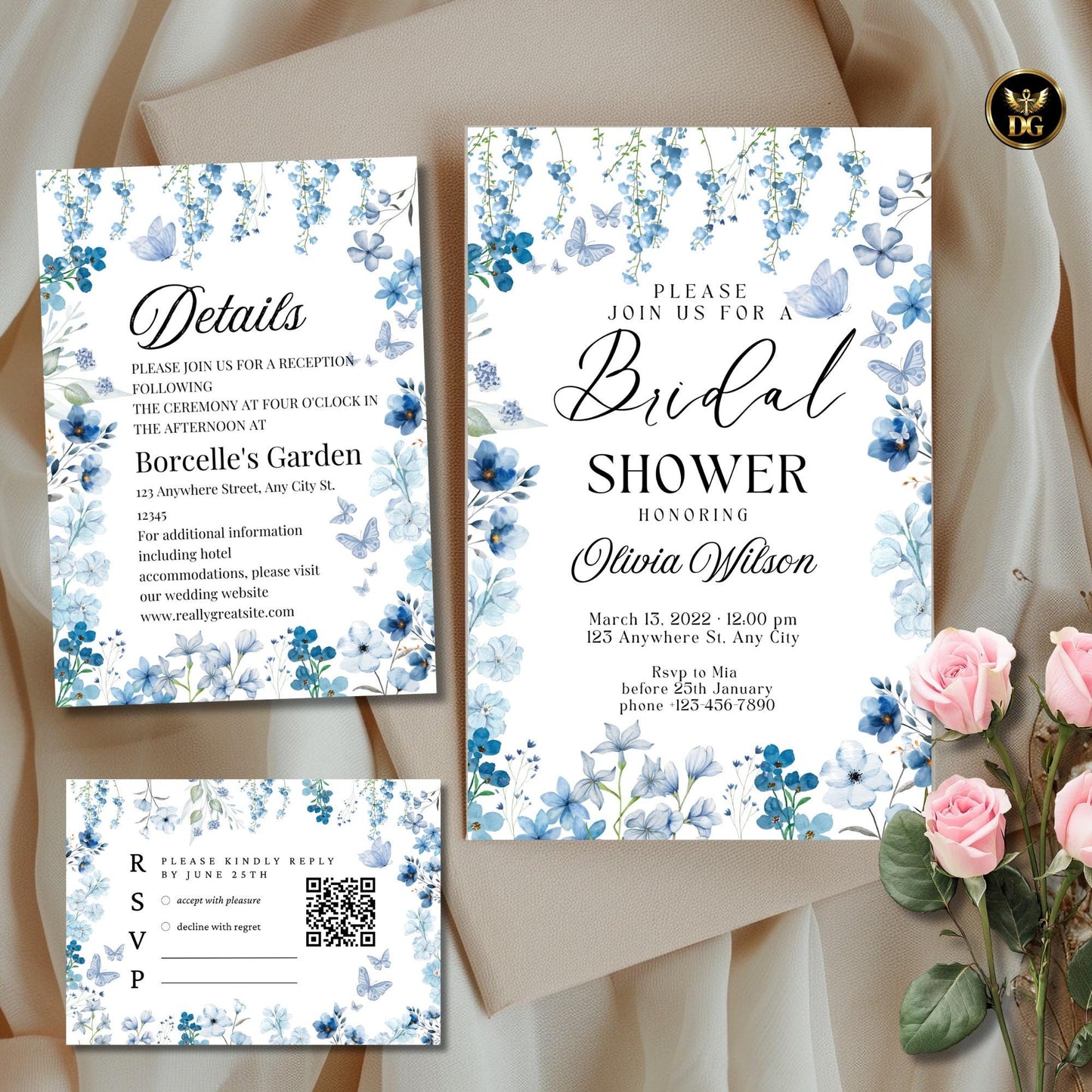 Blue Floral Bridal Shower Invitation Suite, Editable Canva Template, Watercolor Flowers, Elegant Printable Cards, Details &RSVP, Baby Shower
