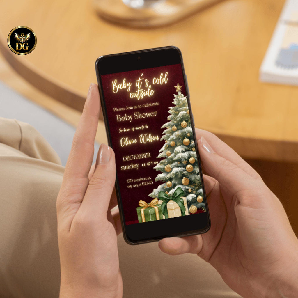 Baby It’s Cold Outside Christmas Baby Shower Invitation, Winter Gold Green Holiday Invite, Digital 1080x1920 & Printable 5x7 Template