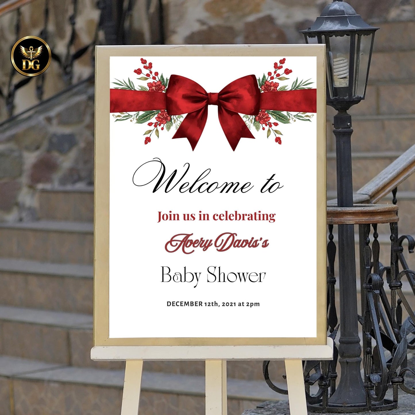 Christmas Baby Shower Signs Bundle | 6 Editable Canva Templates | Welcome & Table Signs | Matching Items Available Red Bow