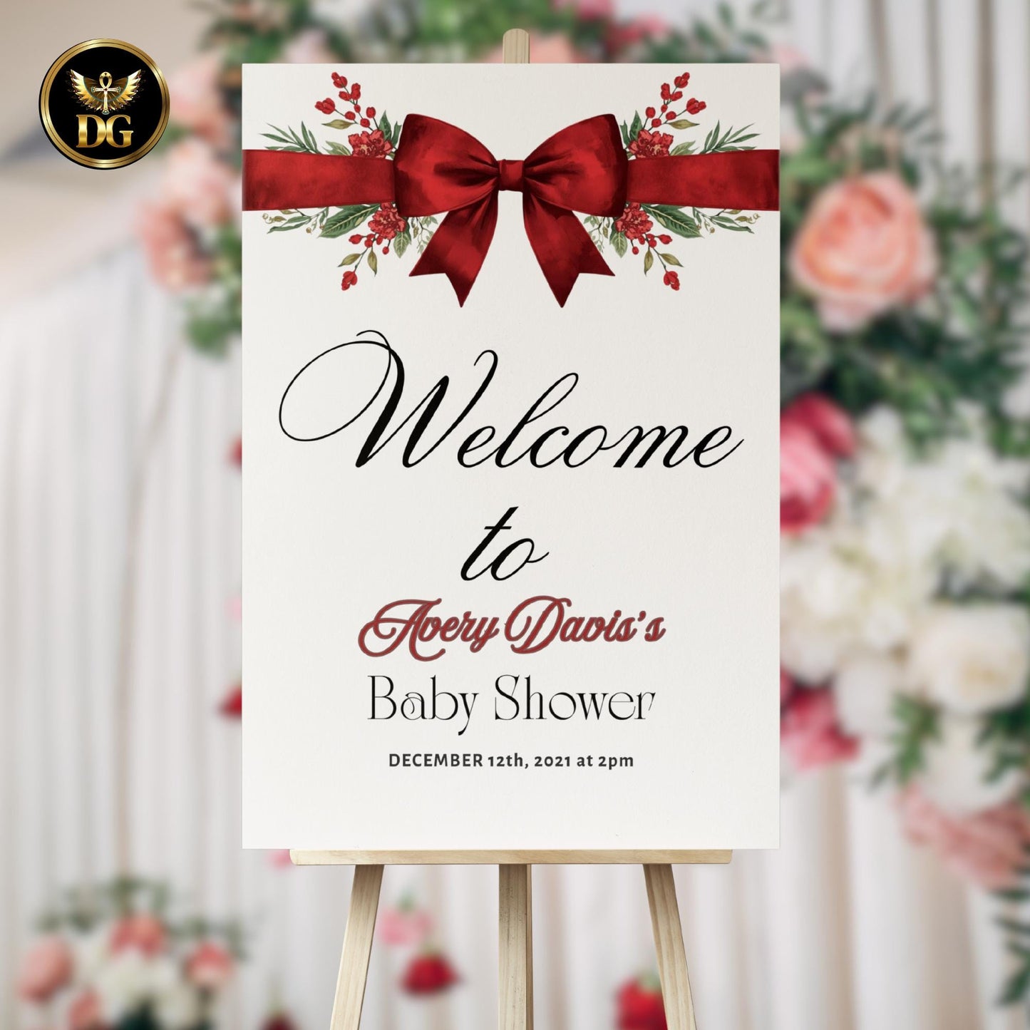 Christmas Baby Shower Signs Bundle | 6 Editable Canva Templates | Welcome & Table Signs | Matching Items Available Red Bow