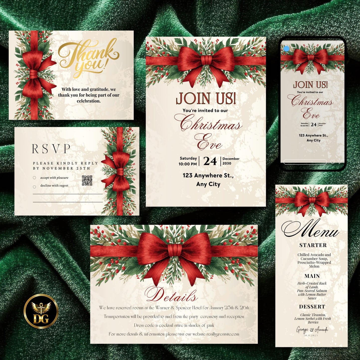 Christmas Eve Party Invitation Template Set, Elegant Red Bow & Gold Holiday Invite, Digital Download, Menu, RSVP, Thank You, Details Card