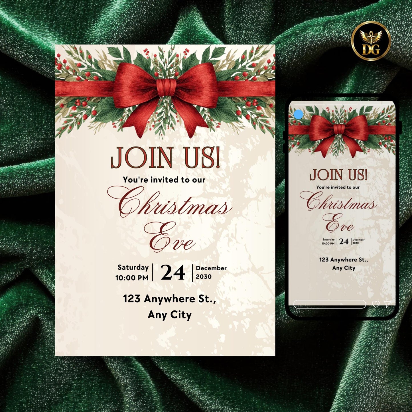 Christmas Eve Party Invitation, Elegant Red Bow & Gold, Digital Template, Printable Size