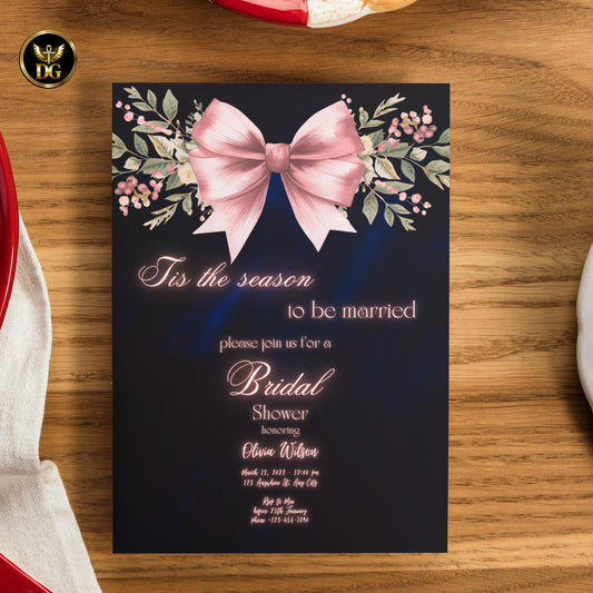 Tis The Season to Be Married Bridal Shower Invite - Navy Velvet, Pink Bow & Roses, Canva Editable, 7x5 Print, 1080x1920 Digital