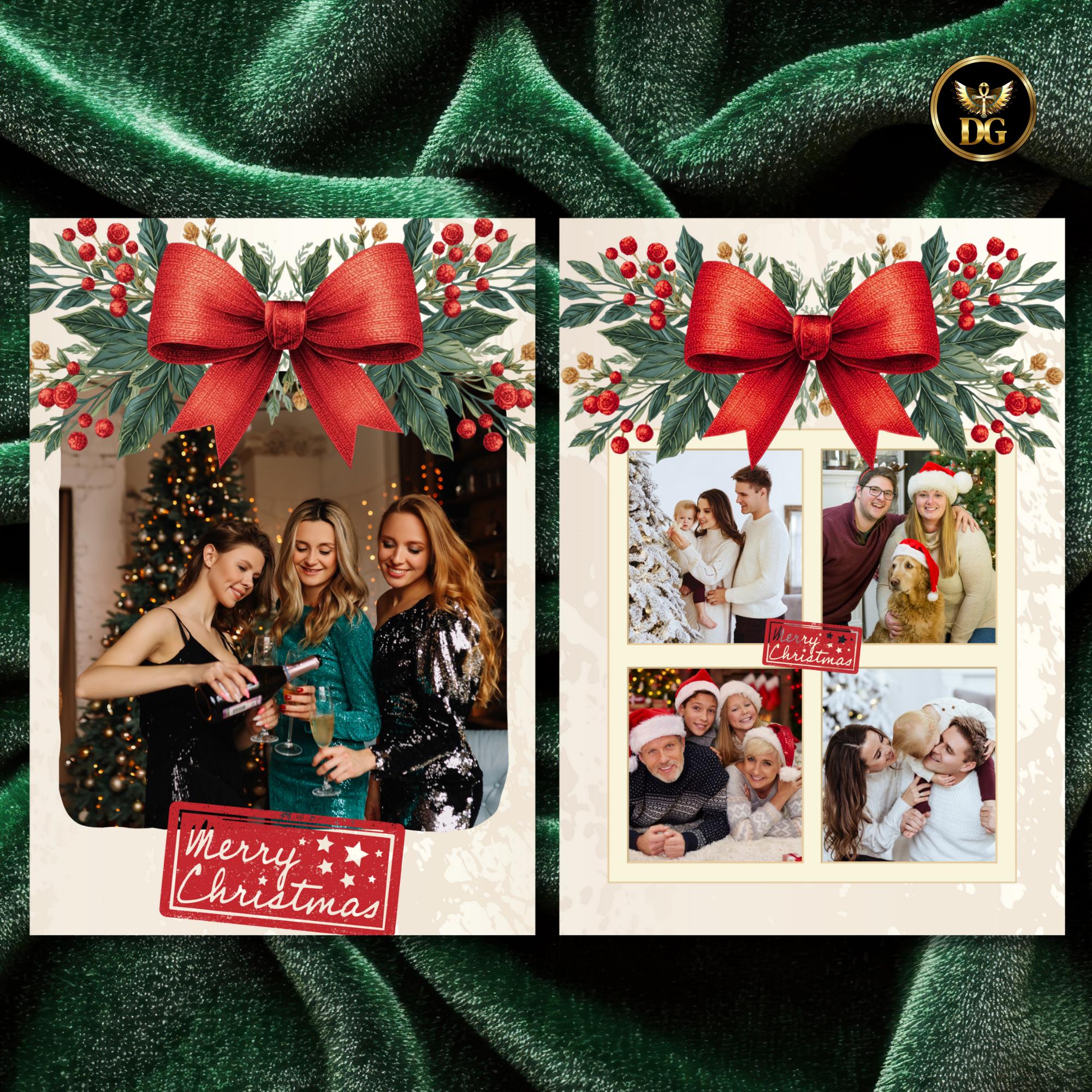 Botanical Christmas Photo Card Template, Family Holiday Card with Red Bow, Red Berries, Cream Gold Editable Canva Digital Download