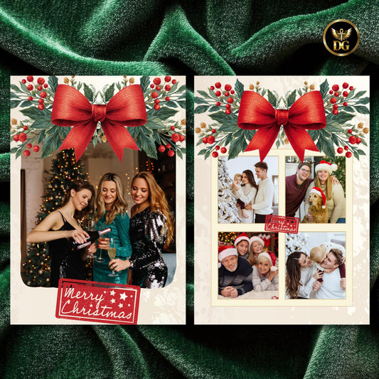 Botanical Christmas Photo Card Template, Family Holiday Card with Red Bow, Red Berries, Cream Gold Editable Canva Digital Download