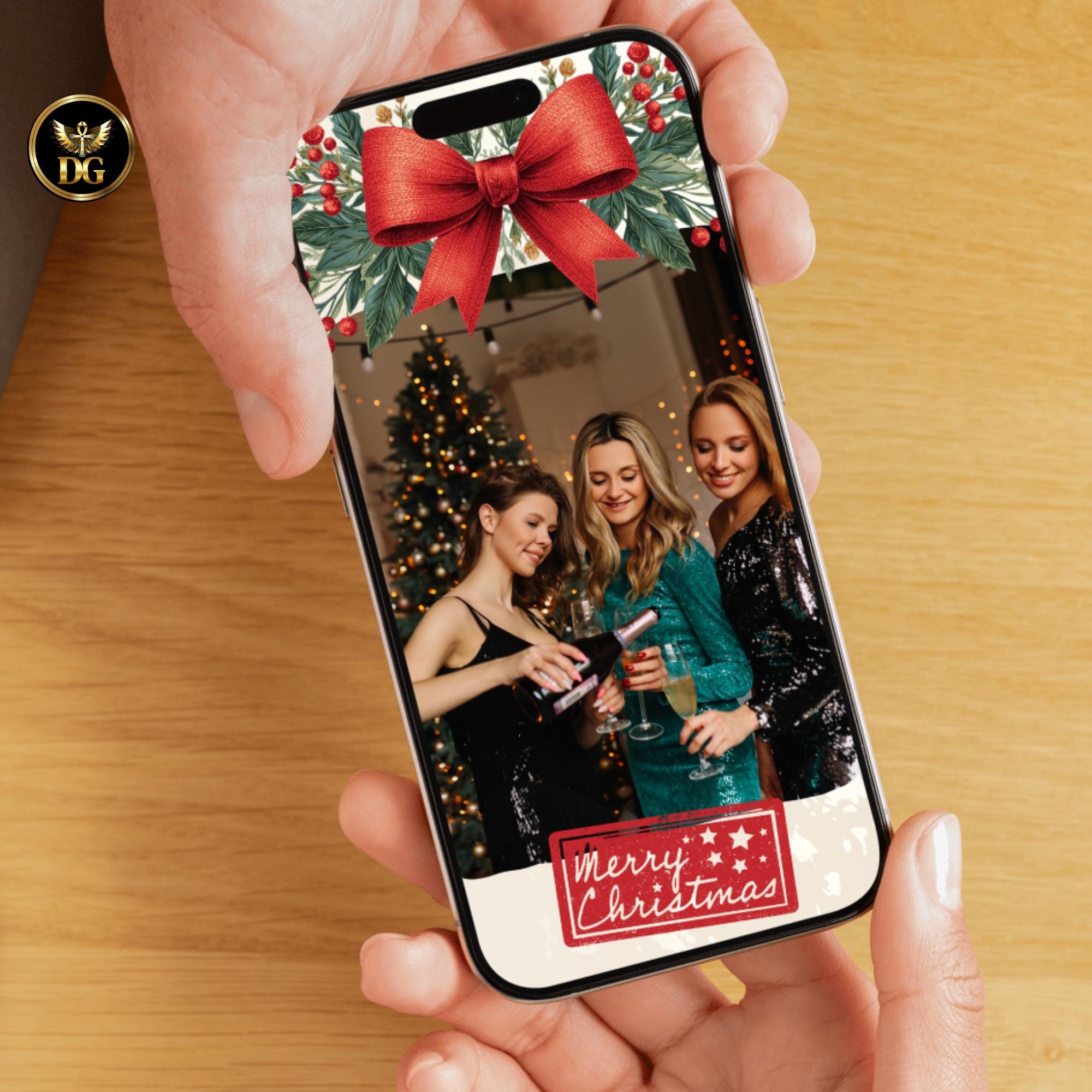 Botanical Christmas Photo Card Template, Family Holiday Card with Red Bow, Red Berries, Cream Gold Editable Canva Digital Download