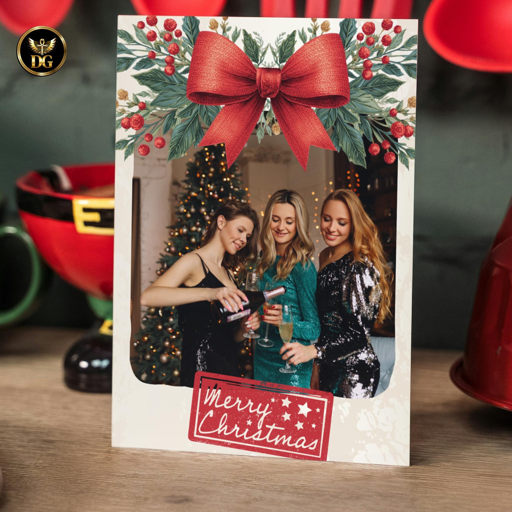 Botanical Christmas Photo Card Template, Family Holiday Card with Red Bow, Red Berries, Cream Gold Editable Canva Digital Download