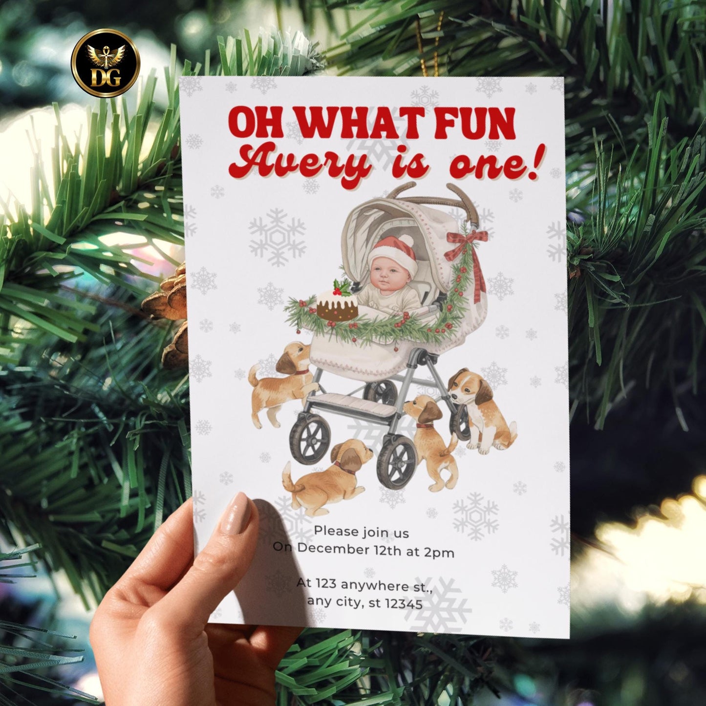 Christmas First Birthday Invitation | Baby in Santa Hat & Christmas Stroller | Editable Canva Template