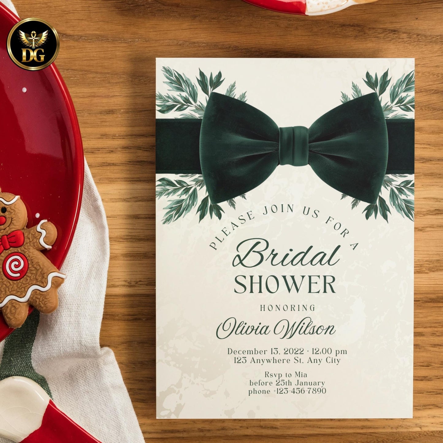 Christmas Bridal Shower Invitation Set | Elegant Emerald Green Velvet Bow & Gold Leaves | Holiday Bridal Canva Template Suite