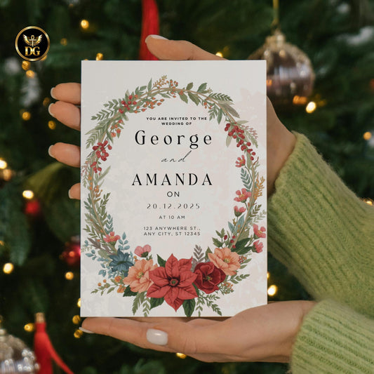 Christmas Wedding Invitation Bundle, Cream Gold Editable Canva Template with RSVP, Menu, Save Date, 7 Cards Instant Download