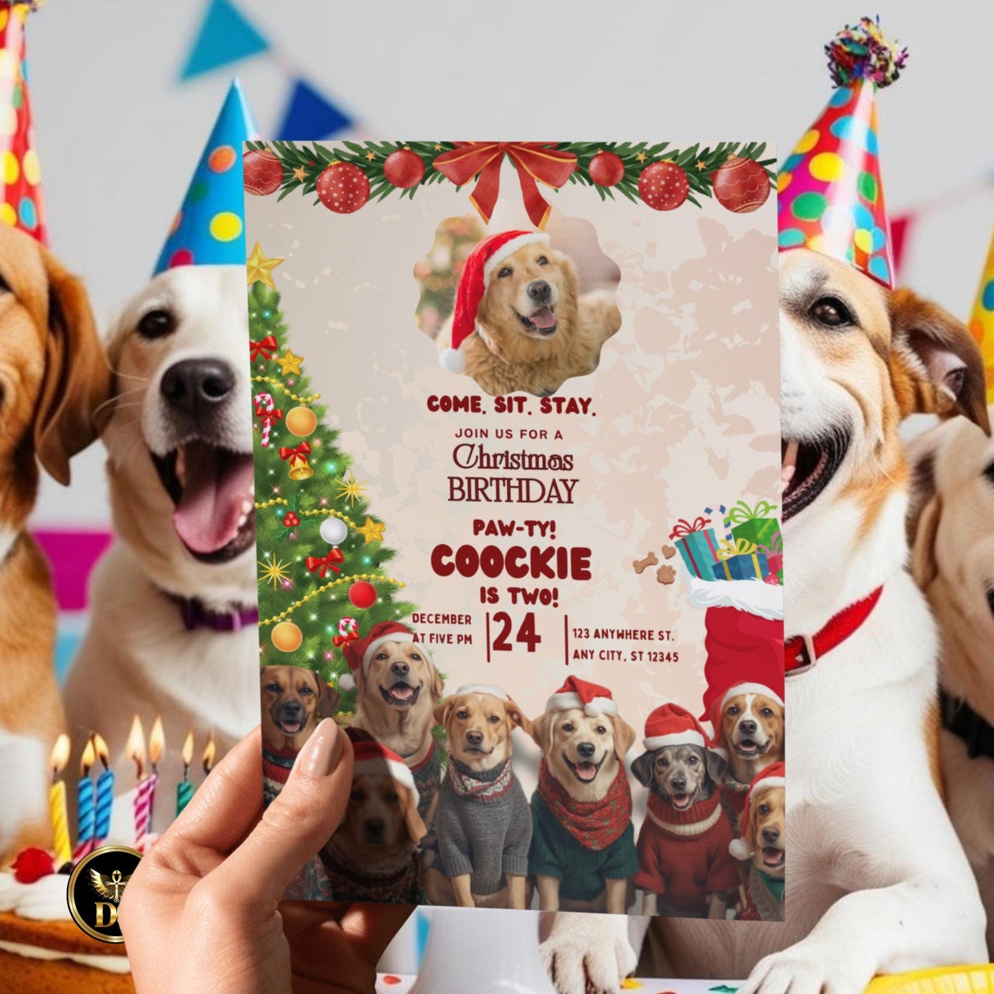 Christmas Dog Photo Invitation – Cream Gold Canva Template, Editable Pet Party Card, Santa Hat Puppy Invite, Holiday Dog Celebration