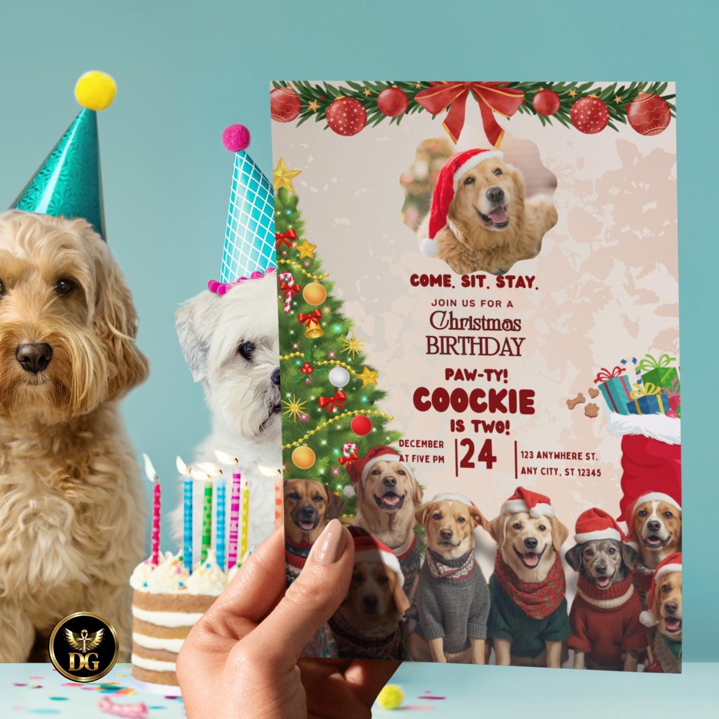 Christmas Dog Photo Invitation – Cream Gold Canva Template, Editable Pet Party Card, Santa Hat Puppy Invite, Holiday Dog Celebration