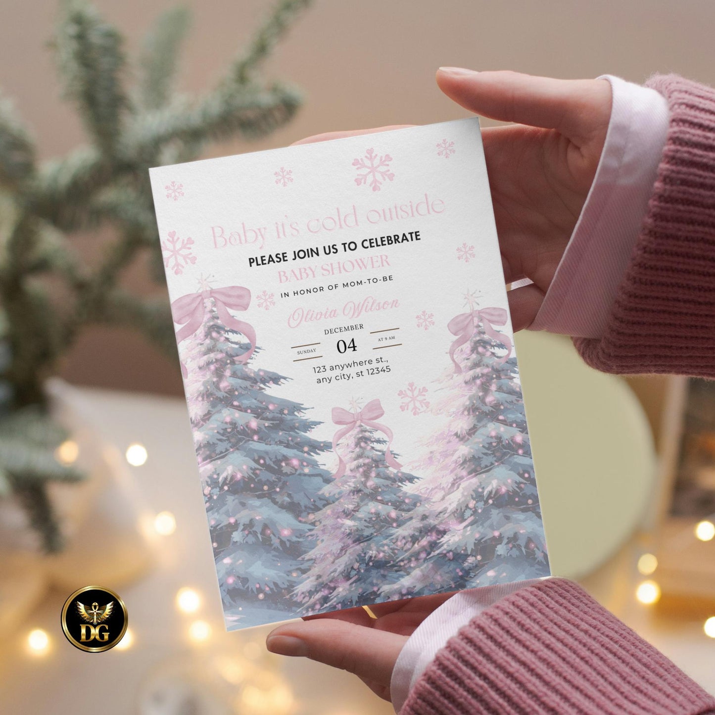 Christmas Baby Shower Digital Templates Bundle  Pink Christmas Tree with Pink Bow, Invitation, Thank You, Diaper Refill, Books for Baby Card