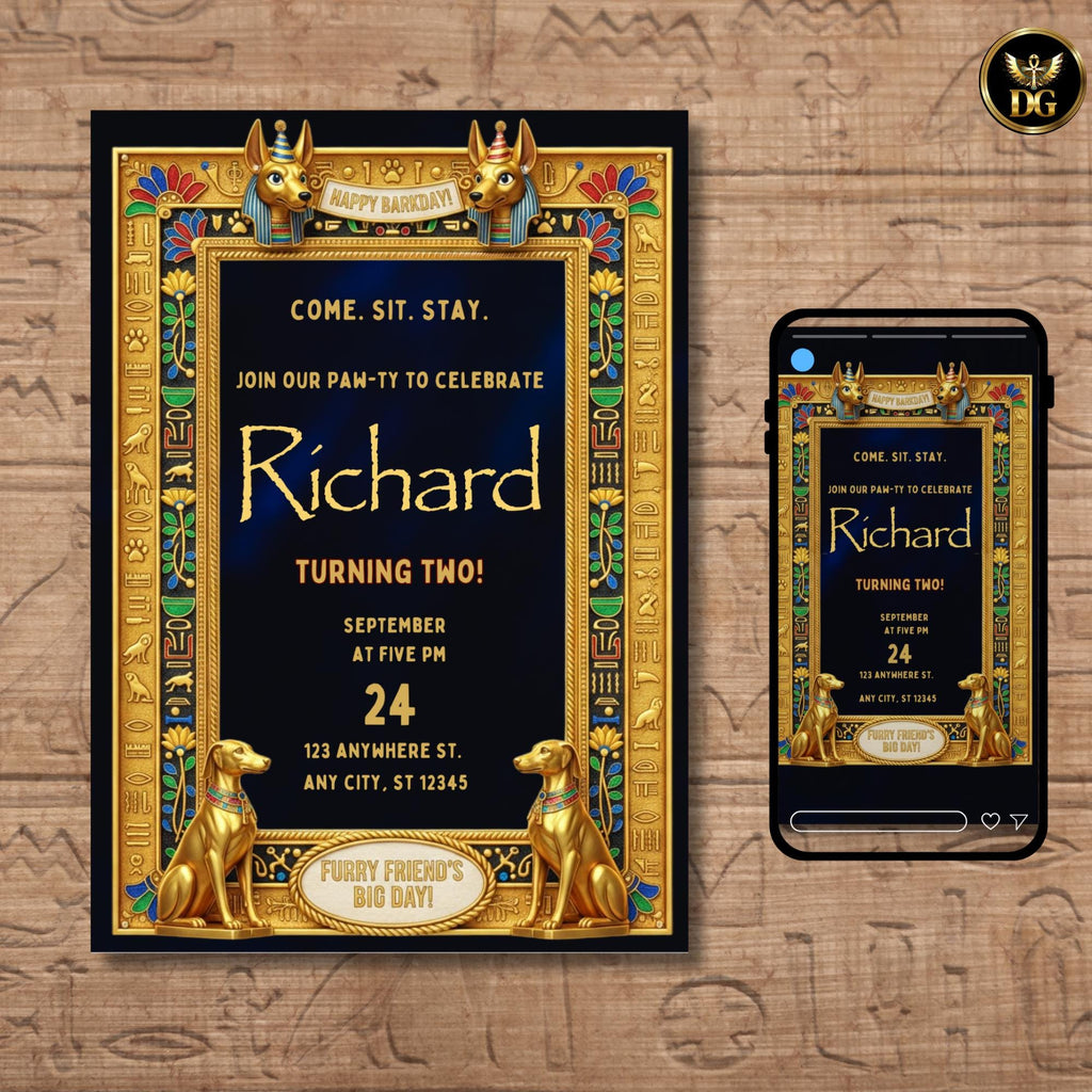 Anubis -Guarded Royal Egyptian Barkday Invitation – Luxury Pharaoh-Themed Puppy Party Template