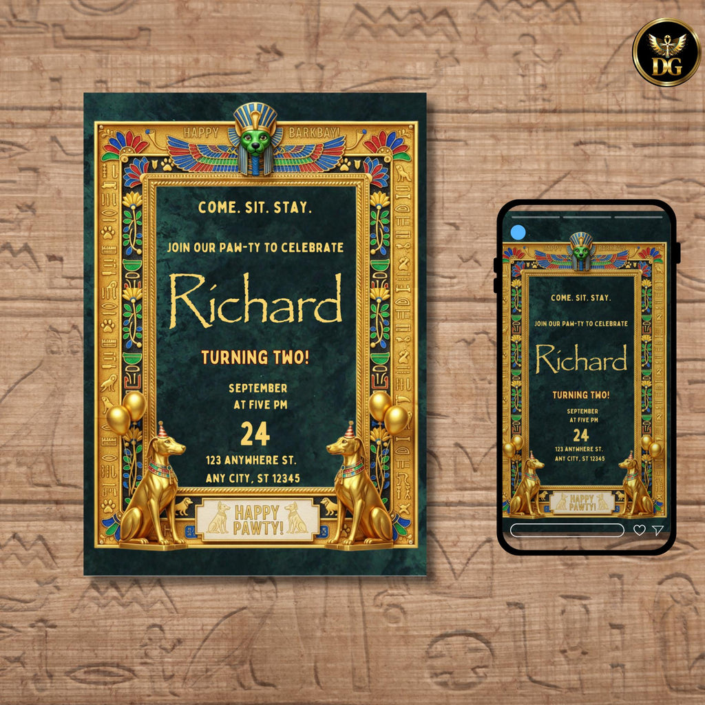 Anubis Egyptian Dog Birthday Invitation – Emerald Velvet Royal Barkday Digital Template | Luxury Pharaoh Puppy Party Invite