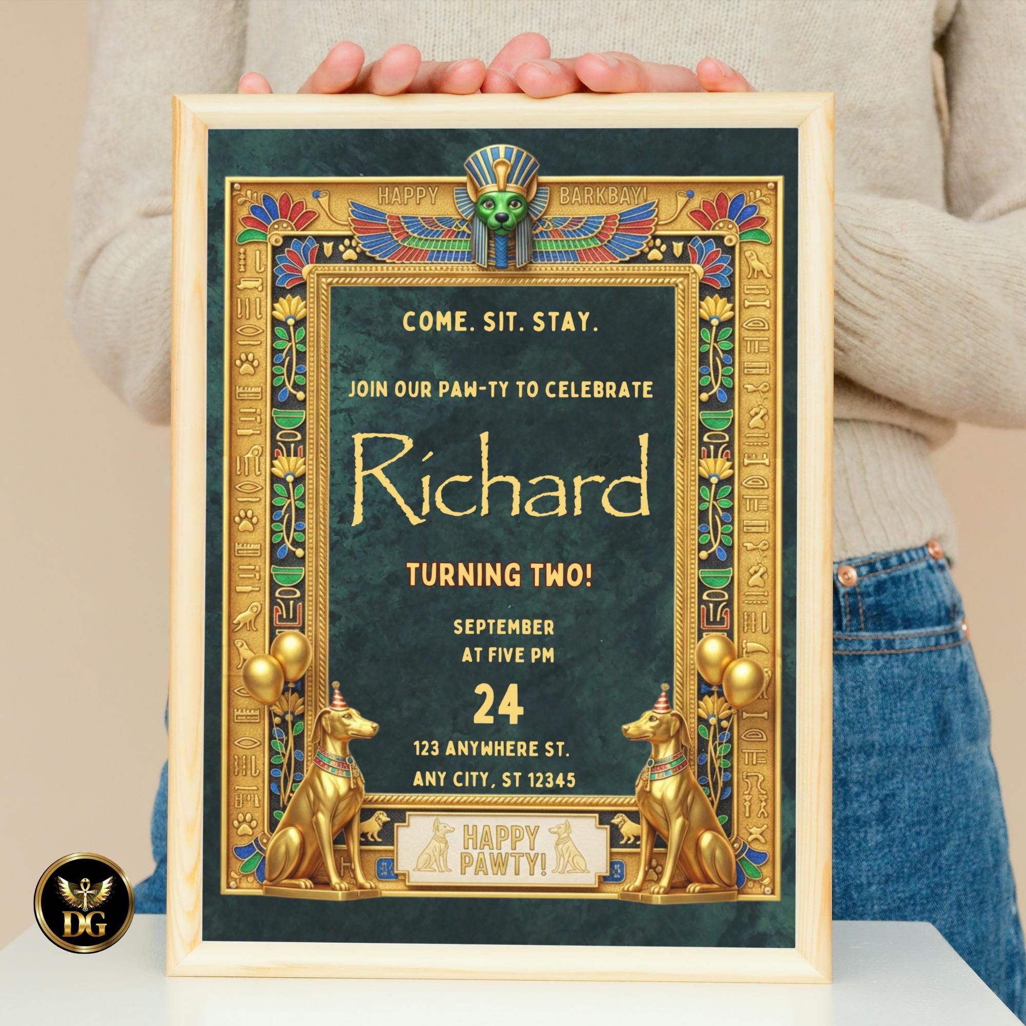 Anubis Egyptian Dog Birthday Invitation – Emerald Velvet Royal Barkday Digital Template | Luxury Pharaoh Puppy Party Invite