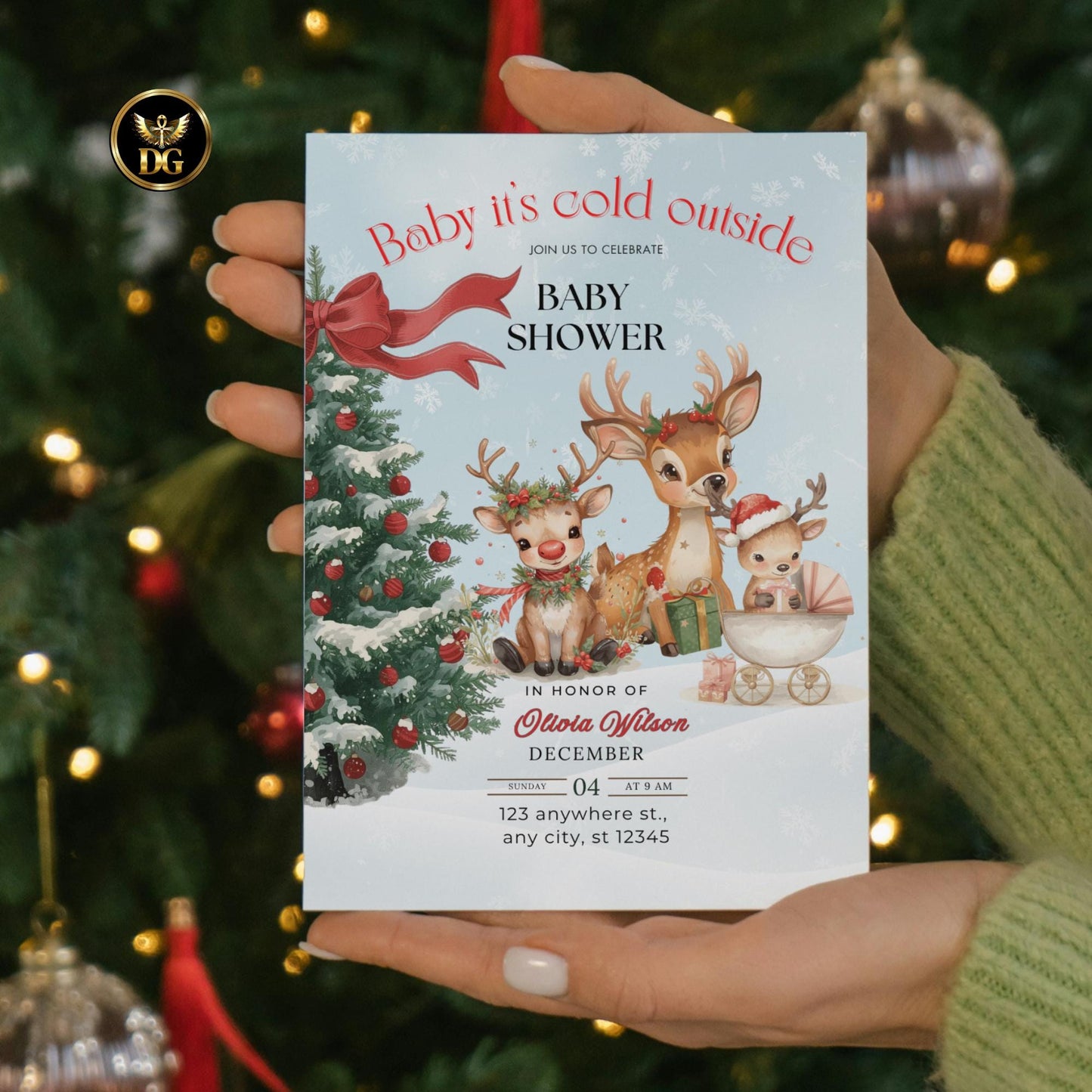 Boho Christmas Baby Shower Invitation Set Reindeer Theme Neutral Winter Baby Bundle Editable Template Gender Neutral Holiday Baby Shower