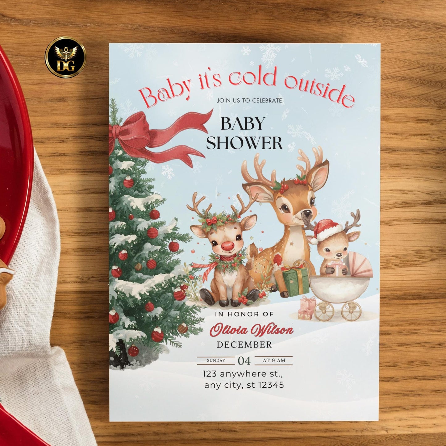 Boho Christmas Baby Shower Invitation Set Reindeer Theme Neutral Winter Baby Bundle Editable Template Gender Neutral Holiday Baby Shower