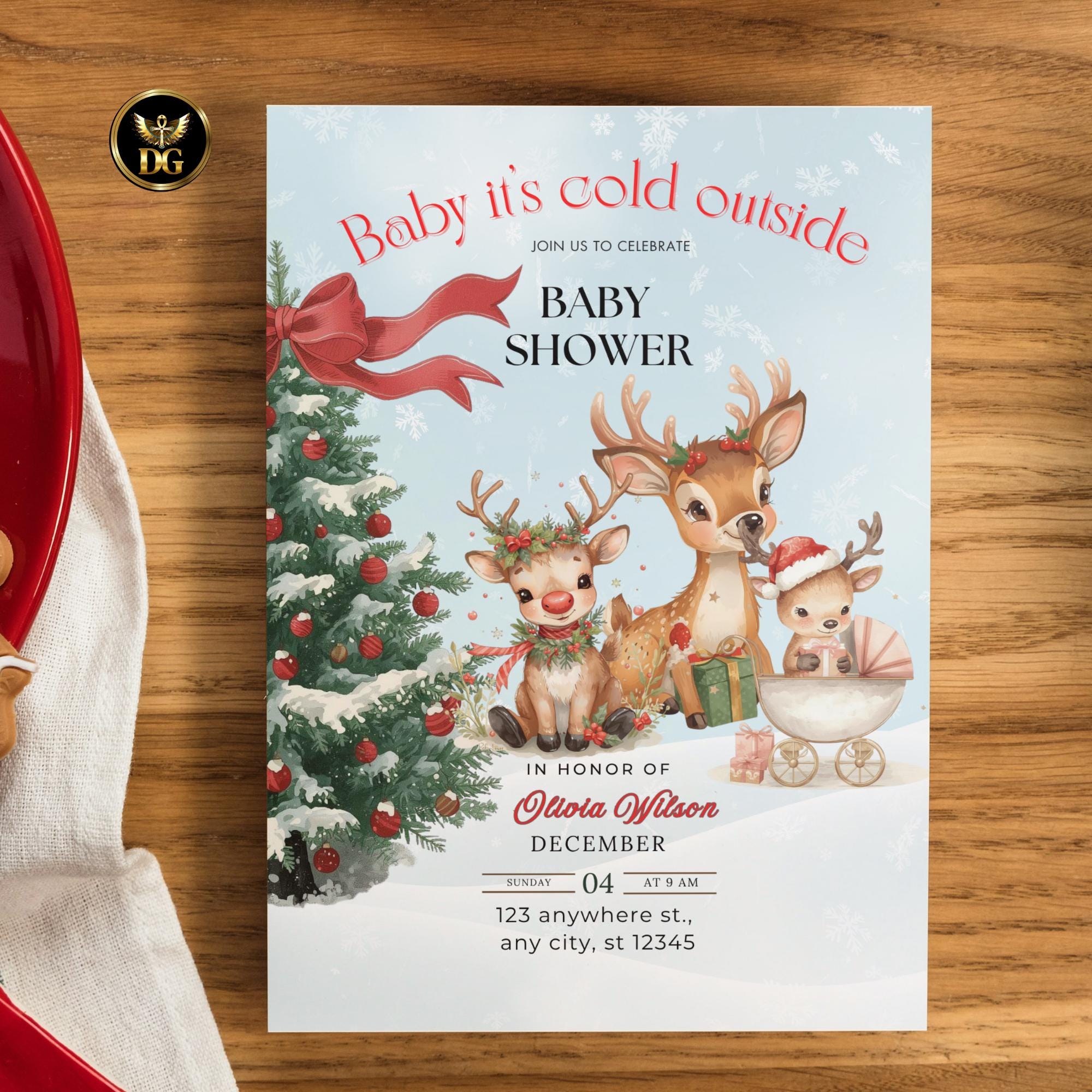 Boho Christmas Baby Shower Invitation Set Reindeer Theme Neutral Winter Baby Bundle Editable Template Gender Neutral Holiday Baby Shower