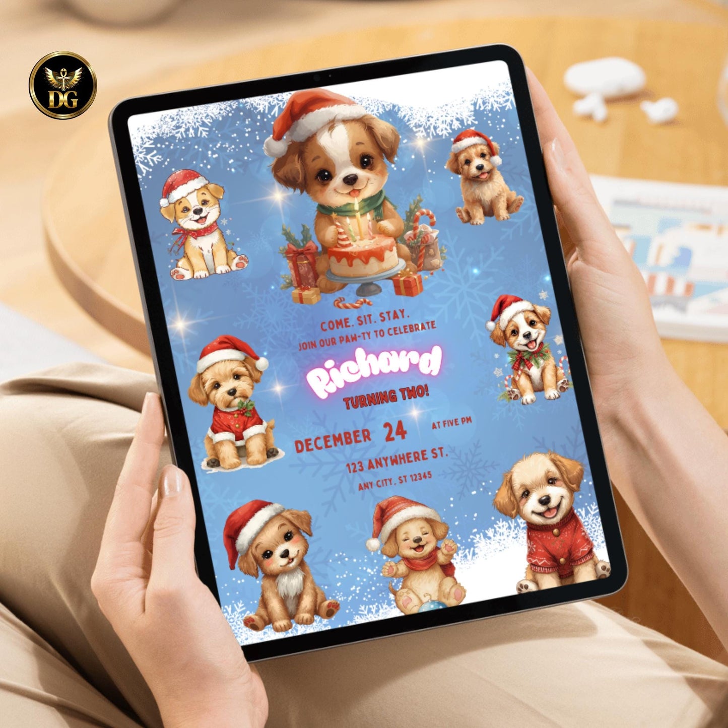 Christmas Dog Birthday party Template, Cute Puppy Cake Candles, Holiday Pet Invitation Winter Snow Blue Background Editable Dog Party Invite