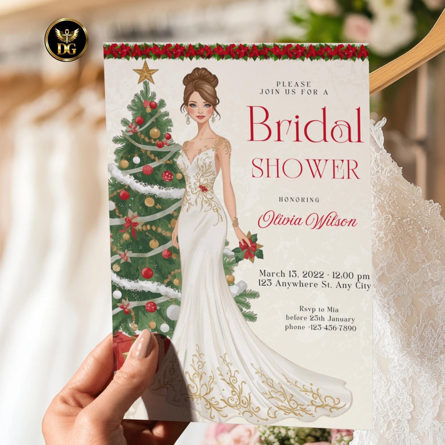 Christmas Bridal Shower Invitation Bundle Cream Gold | Elegant Holiday Wedding Shower | Winter Bride Canva Template | Xmas RSVP, Details