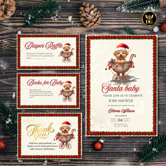 Santa Baby Shower Invitation Set | Christmas Baby Shower Bundle | Cream Gold Red Floral Car Theme Editable Holiday Template Instant Download