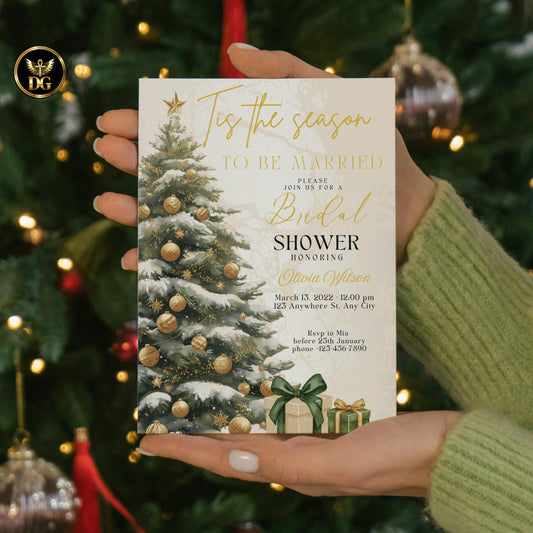 Tis The Season to Be Married Bridal Shower Invitation Set Christmas Bridal Shower Invite Cream Gold Holiday Shower Template Winter Wedding