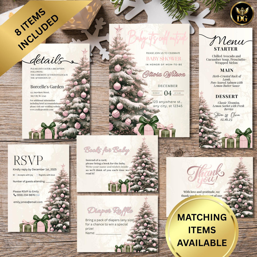 Baby Shower Invitation Bundle 8 Matching Items Set Editable Template | Baby It's Cold Outside Baby Shower Bundle Christmas Baby Shower Canva