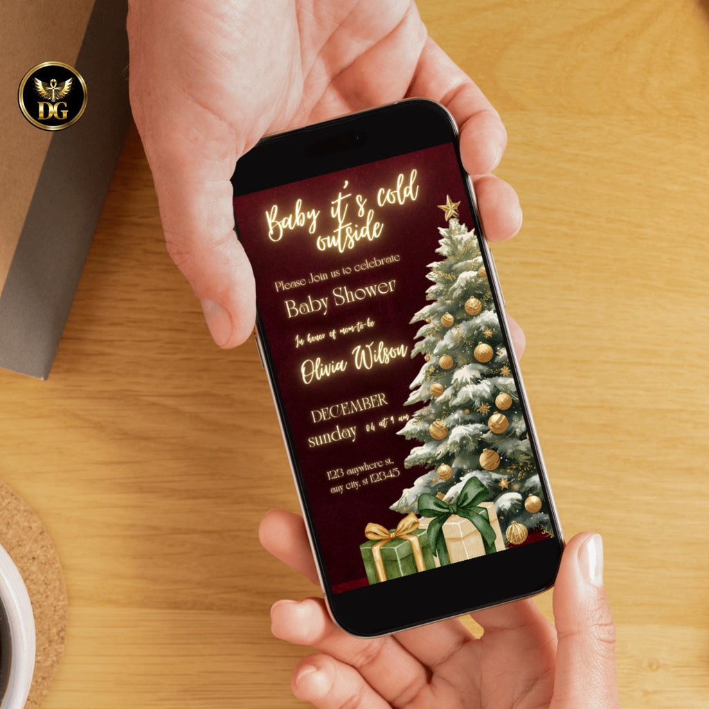 Baby It’s Cold Outside Christmas Baby Shower Invitation, Winter Gold Green Holiday Invite, Digital 1080x1920 & Printable 5x7 Template