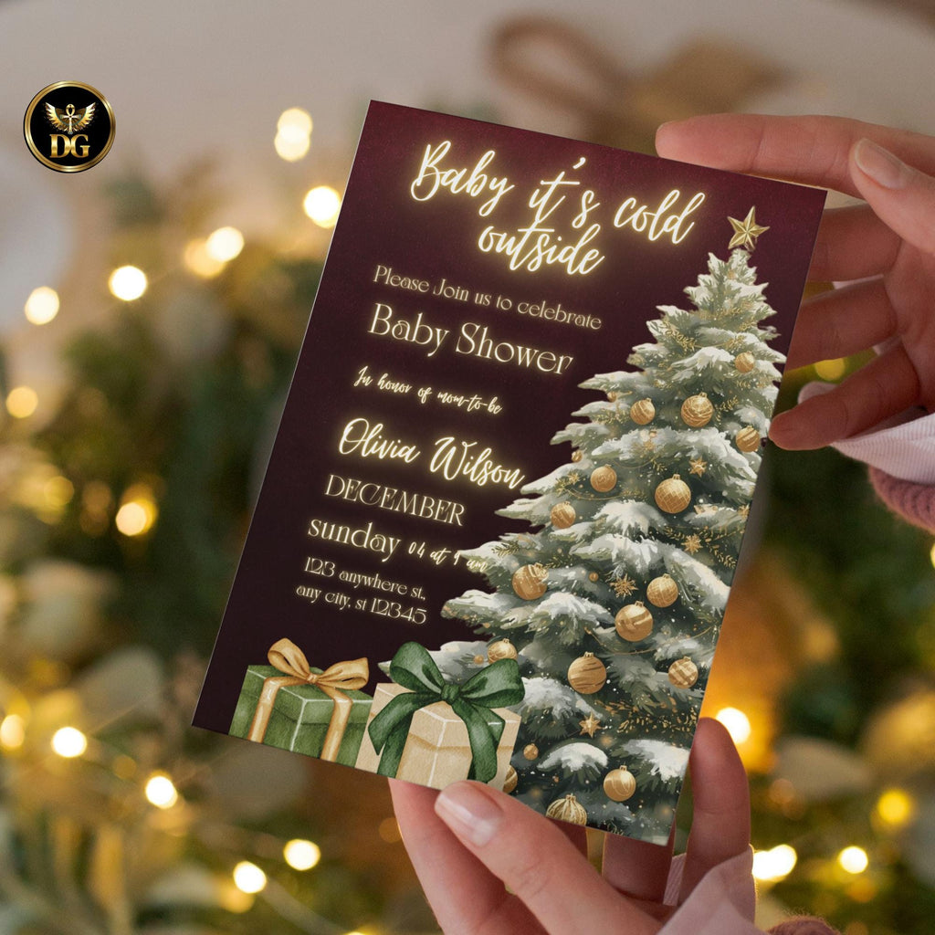 Baby It’s Cold Outside Christmas Baby Shower Invitation, Winter Gold Green Holiday Invite, Digital 1080x1920 & Printable 5x7 Template