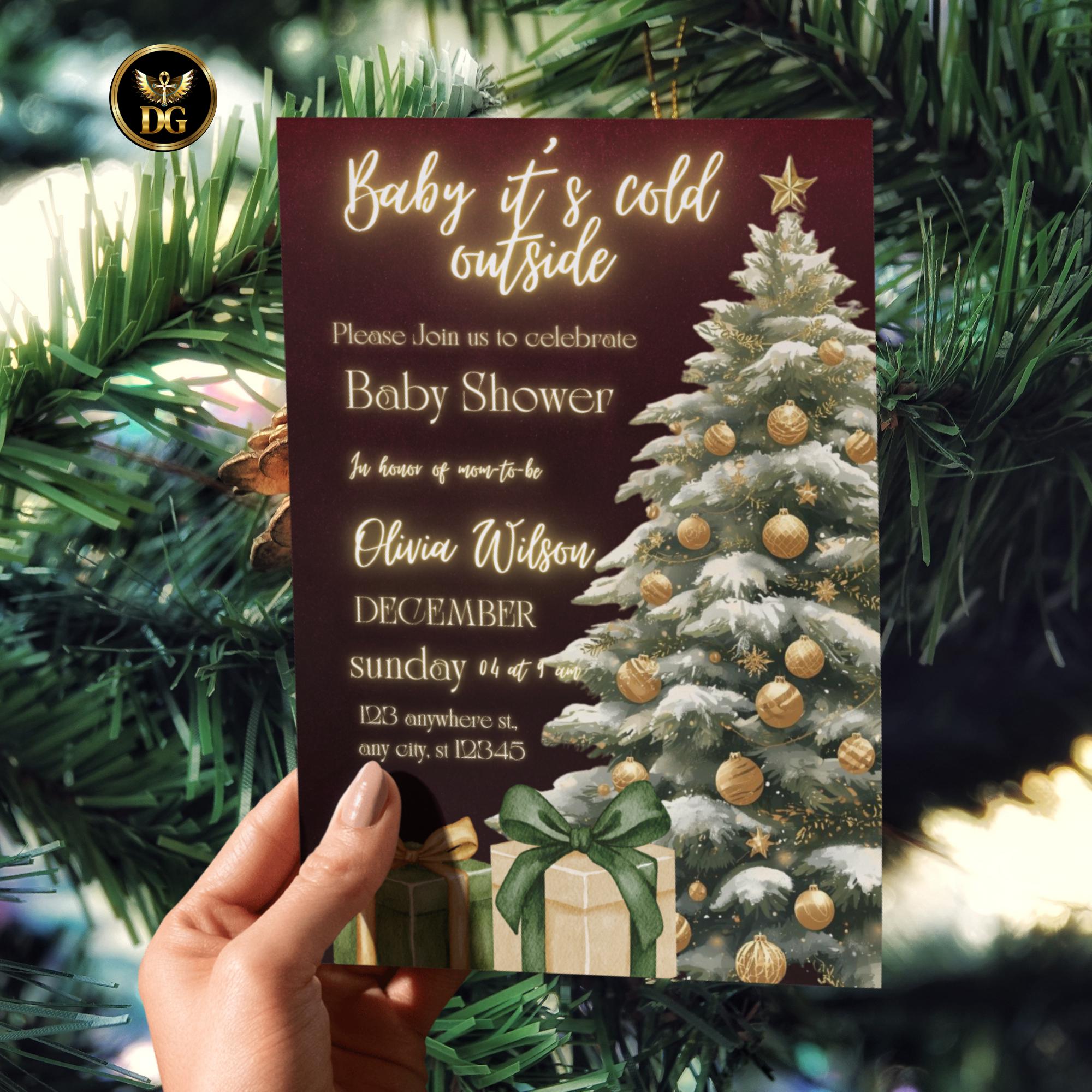 Baby It’s Cold Outside Christmas Baby Shower Invitation, Winter Gold Green Holiday Invite, Digital 1080x1920 & Printable 5x7 Template