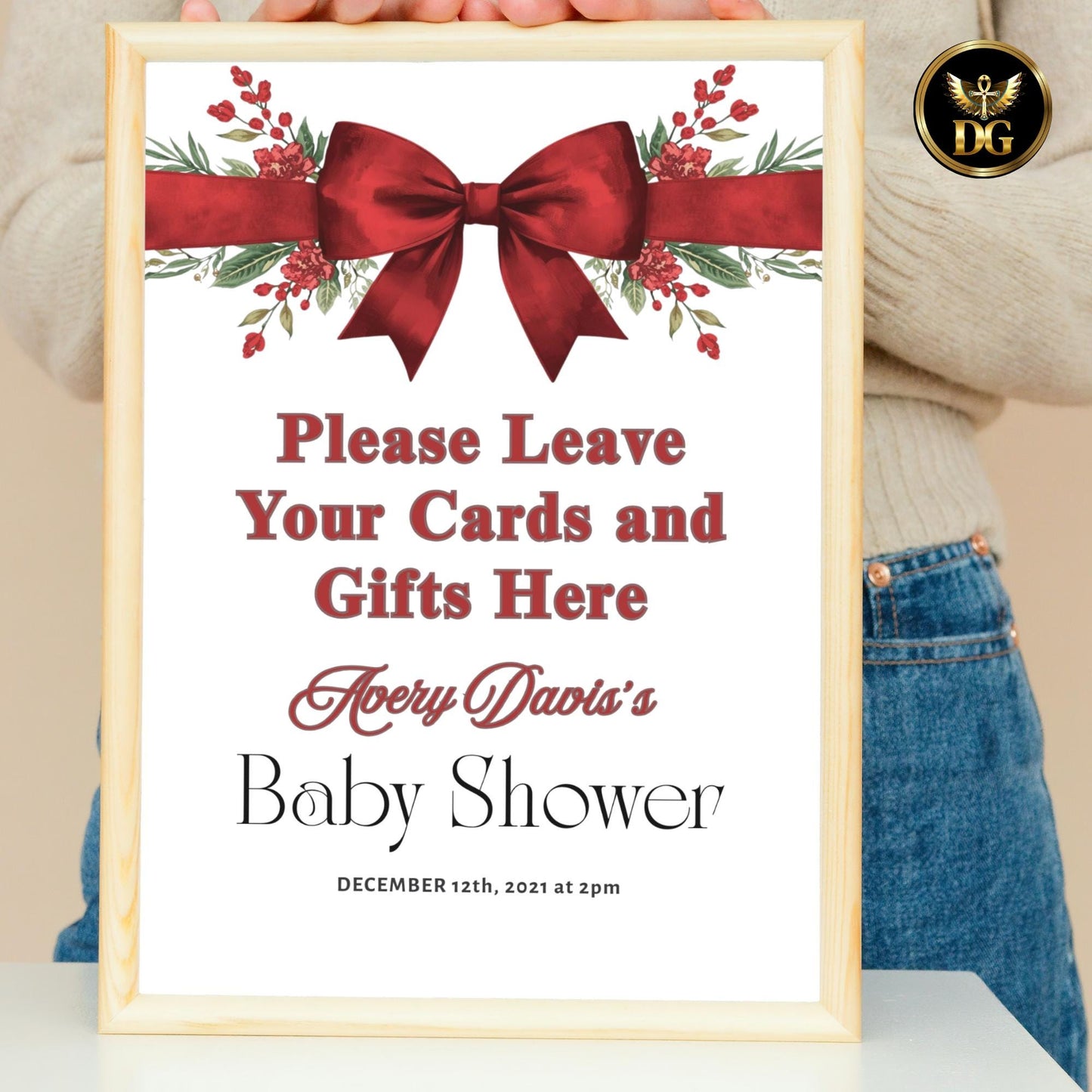 Christmas Baby Shower Signs Bundle | 6 Editable Canva Templates | Welcome & Table Signs | Matching Items Available Red Bow