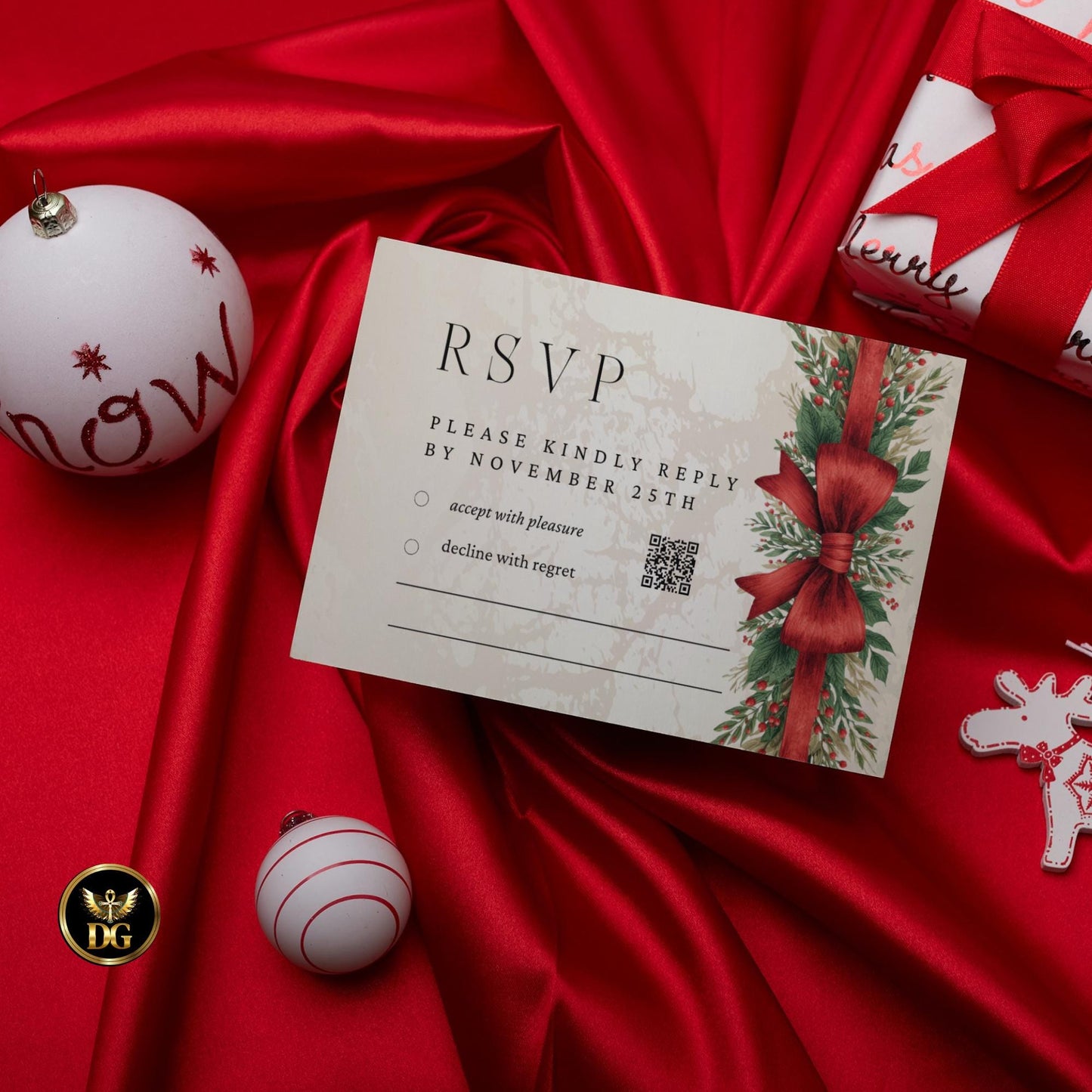 Christmas Eve Party Invitation Template Set, Elegant Red Bow & Gold Holiday Invite, Digital Download, Menu, RSVP, Thank You, Details Card