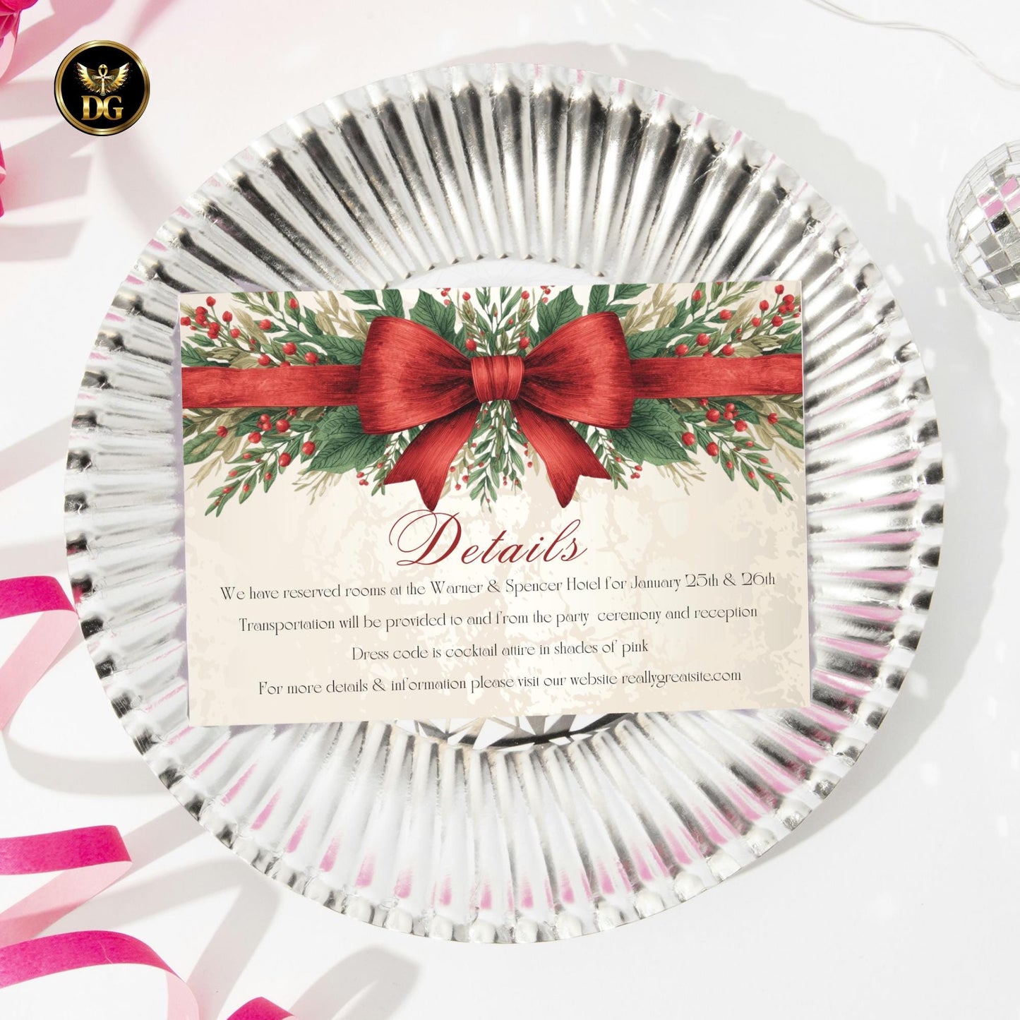 Christmas Eve Party Invitation Template Set, Elegant Red Bow & Gold Holiday Invite, Digital Download, Menu, RSVP, Thank You, Details Card