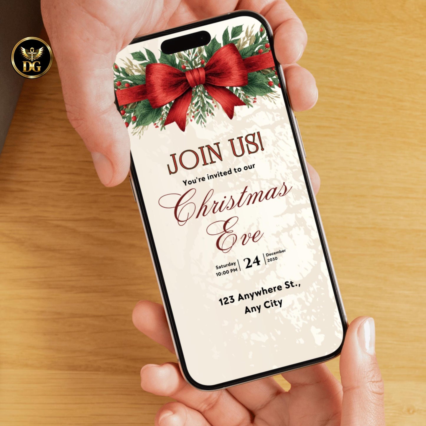 Christmas Eve Party Invitation, Elegant Red Bow & Gold, Digital Template, Printable Size