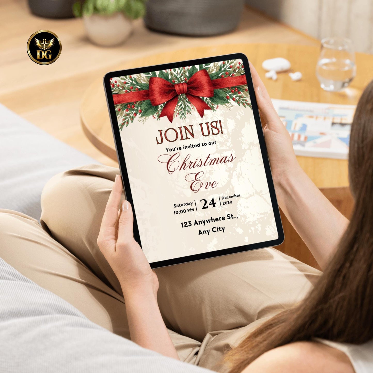 Christmas Eve Party Invitation, Elegant Red Bow & Gold, Digital Template, Printable Size
