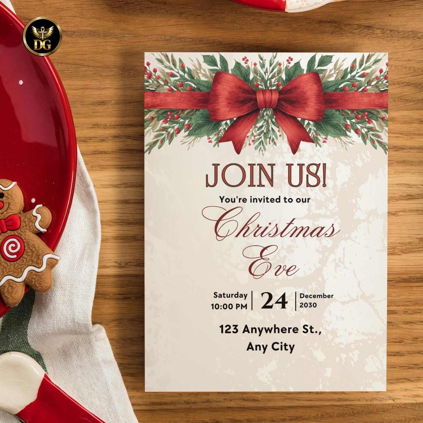 Christmas Eve Party Invitation, Elegant Red Bow & Gold, Digital Template, Printable Size