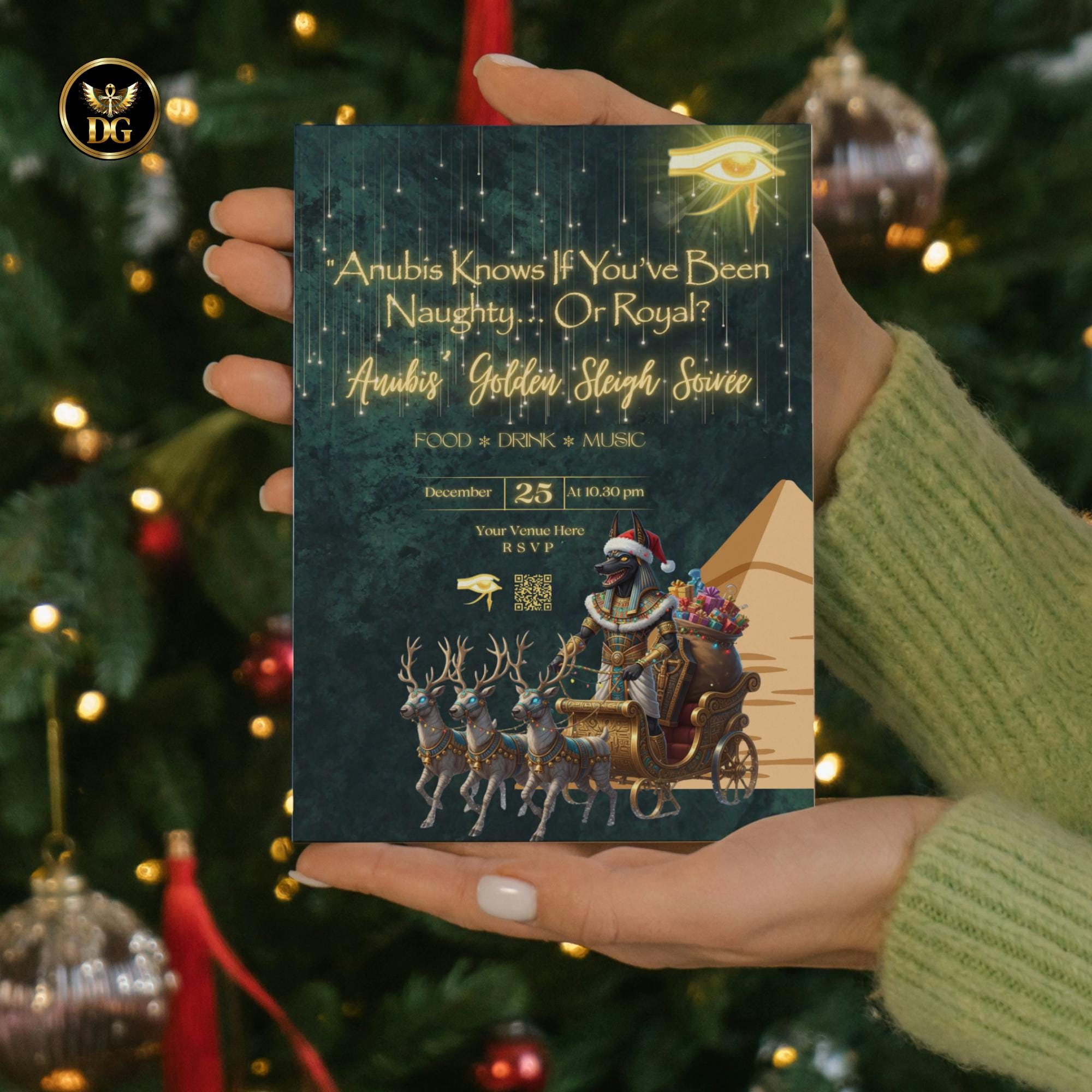Anubis’ Golden Sleigh Soirée Egyptian Mythical Christmas Party Invitation Emerald Gold Digital Template Animated Canva Pro Version Available