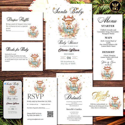 Christmas Baby Shower Invitation Bundle | Editable Baby Reindeer & Sleigh Canva Template