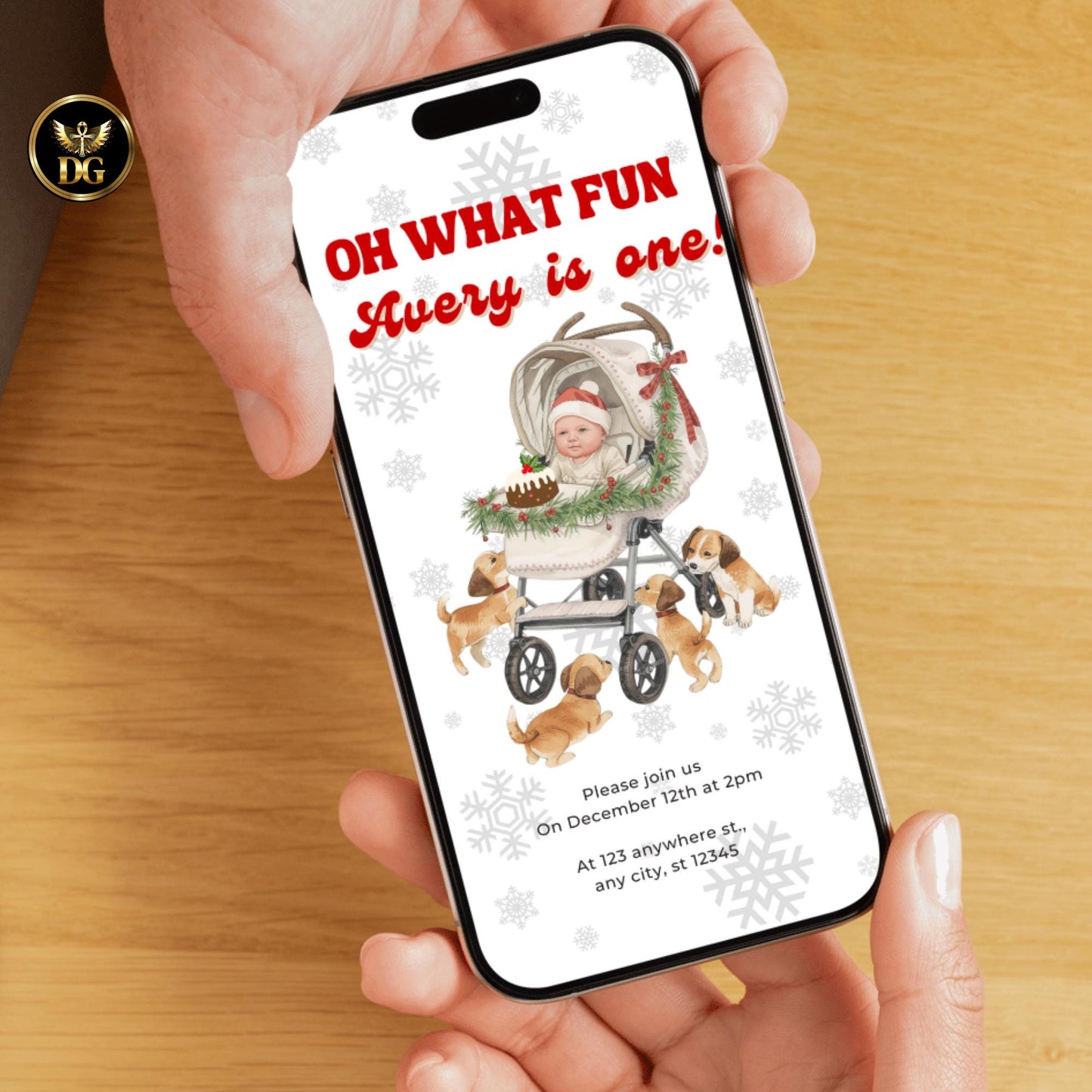 Christmas First Birthday Invitation | Baby in Santa Hat & Christmas Stroller | Editable Canva Template